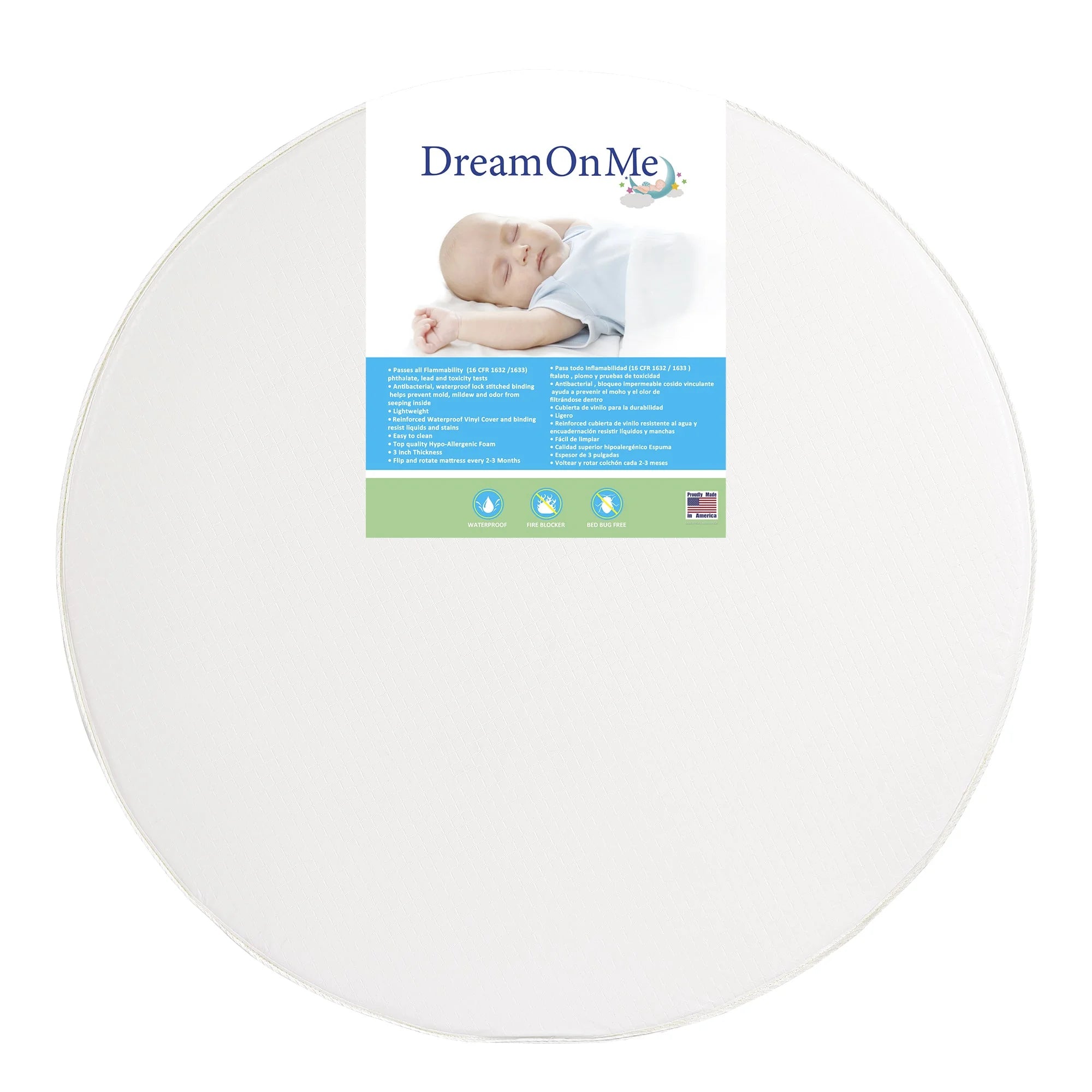 4” round Crib & Toddler Playmat Foam Mattress, Greenguard Gold