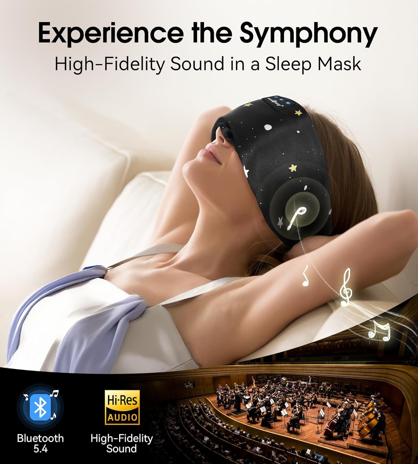 Mulberry Silk Bluetooth Sleep Mask with HD Stereo Sound, Wireless Sleep Headband Headphones for Side Sleepers, Adjustable Size, Total Light Blocking, Perfect for Travel Relaxation Sleep