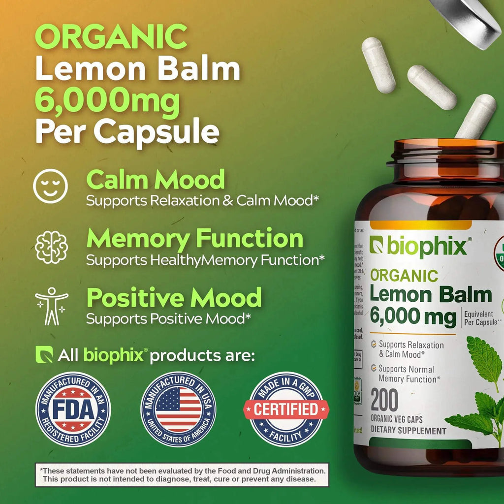 Lemon Balm Organic 20:1 Extract 300Mg 200 Veggie Caps - Stress, Mood & Sleep Support