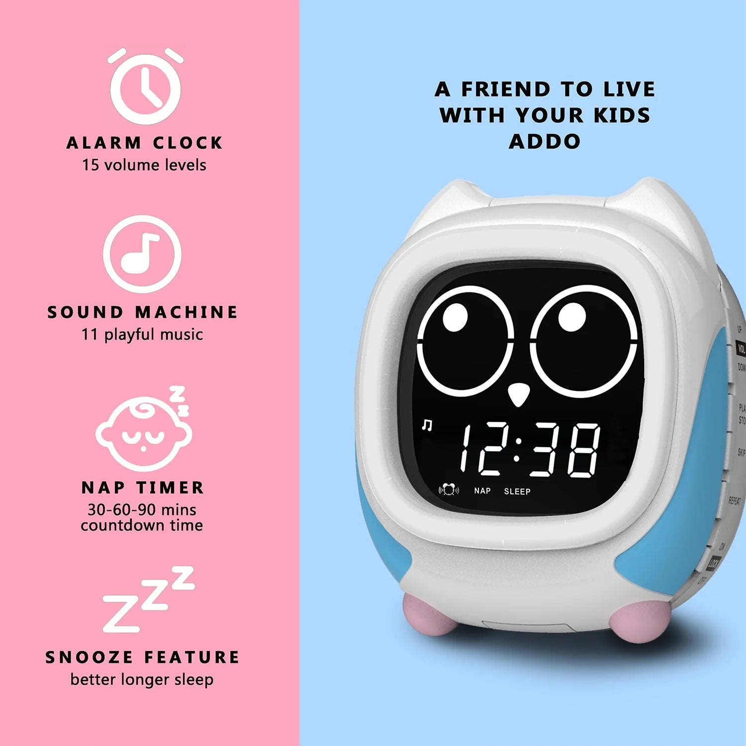 Addo Kids Alarm Clock,Sunrise/Sunset Simulation Bedside Lamp, Grow Children'S Clock Trainer,White Noise Sleep Sounds Wake up Clock Owl  CKS912