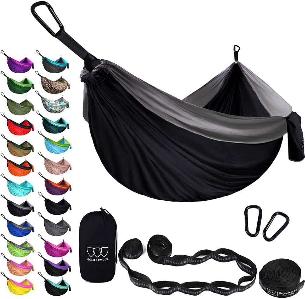 XL Double Camping Hammock - Portable Outdoor and Indoor Accessory with Tree Straps, USA Brand (Black and Gray)