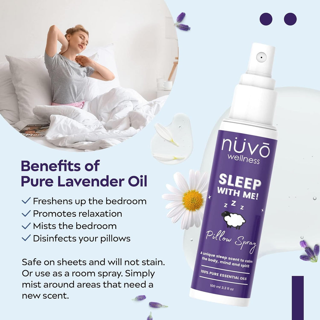 NUVO WELLNESS Premium Sleep Spray Made with Therapeutic Essential Oils - Deep Sleep Pillow Spray Mist with Lavender and Chamomile - Sleep Spray for Pillows - 4 Oz Bottle