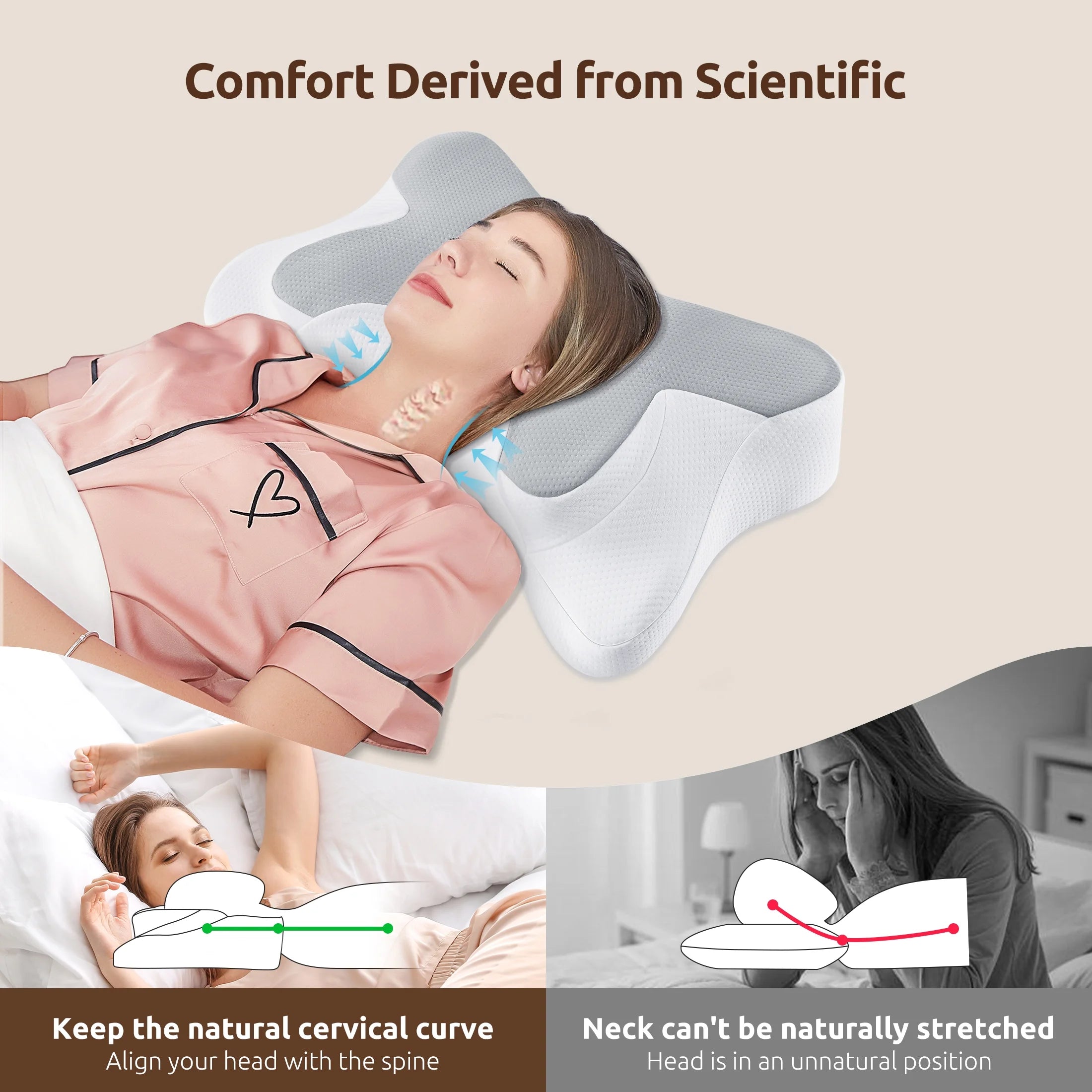 Memory Foam Pillow for Neck Pain Relief Cervical Sleepers Standard/Queen Gray