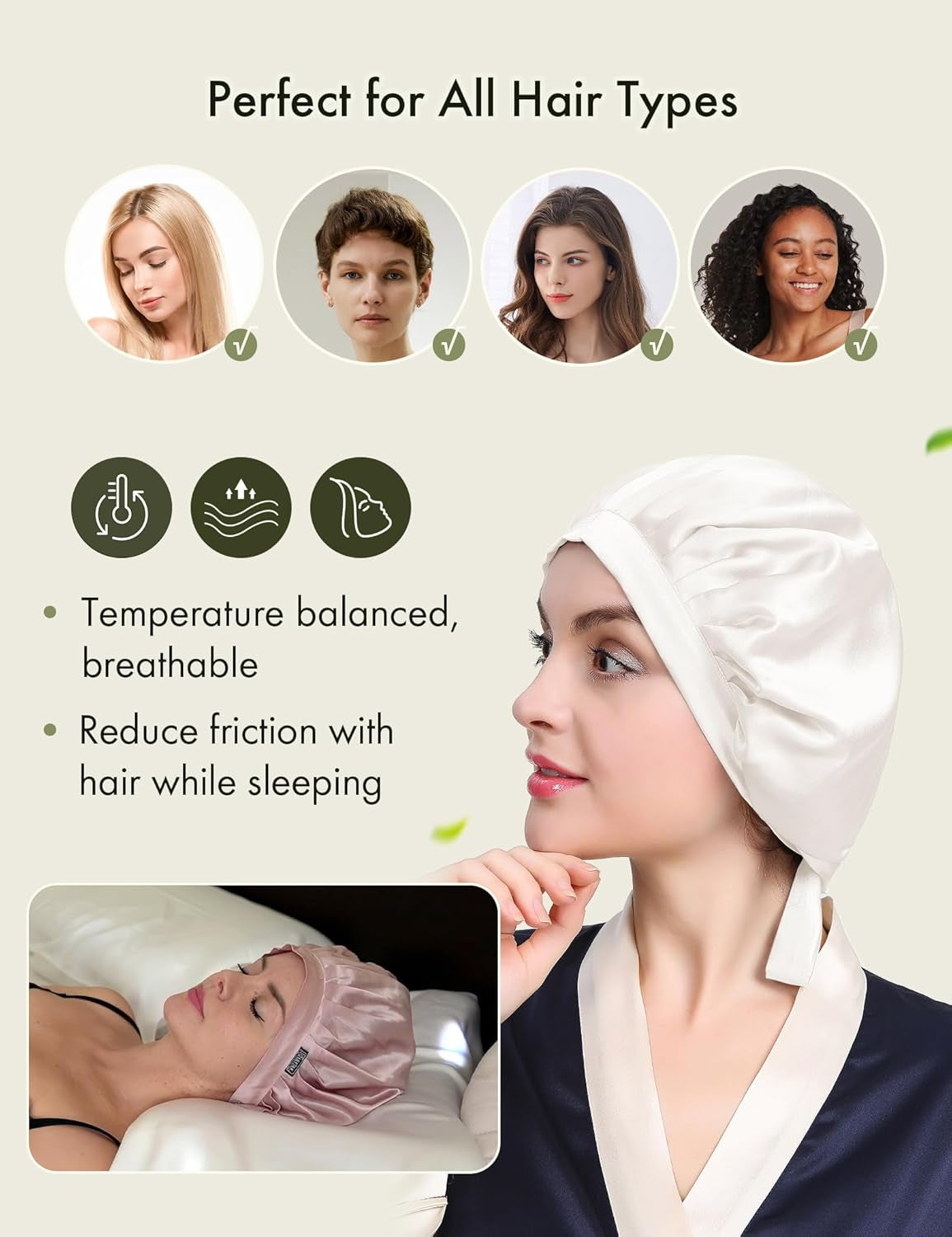 100% Mulberry Silk Bonnet, 19 Momme Silk Night Sleep Cap Adjustable Hair Wrap for Sleeping, Ivory
