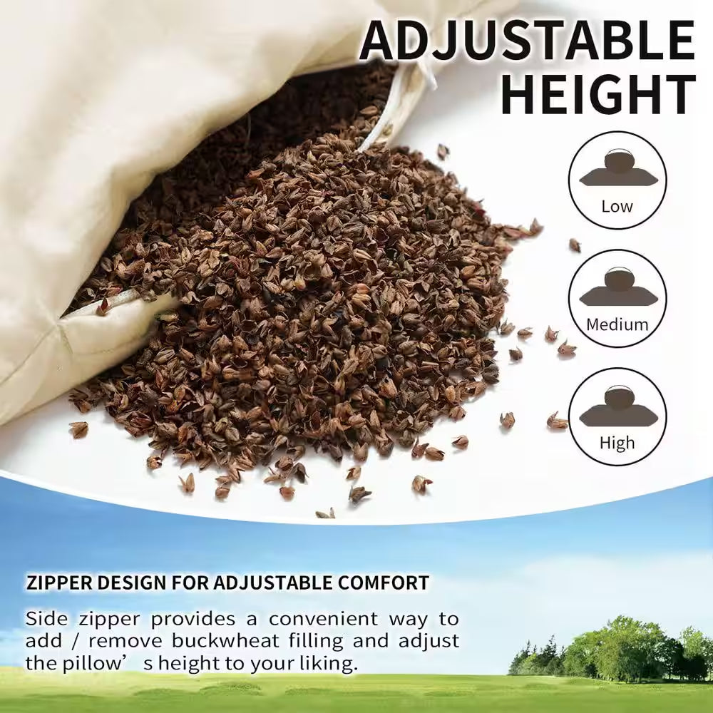 14 In. X 20 In. Organic Buckwheat Pillow, Adjustable Loft, Breathable for Cool Sleep, Cervical Support