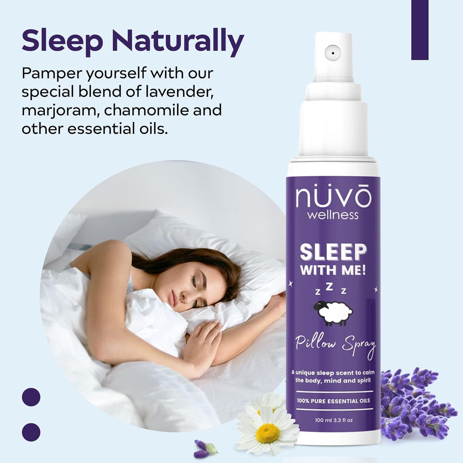 NUVO WELLNESS Premium Sleep Spray Made with Therapeutic Essential Oils - Deep Sleep Pillow Spray Mist with Lavender and Chamomile - Sleep Spray for Pillows - 4 Oz Bottle