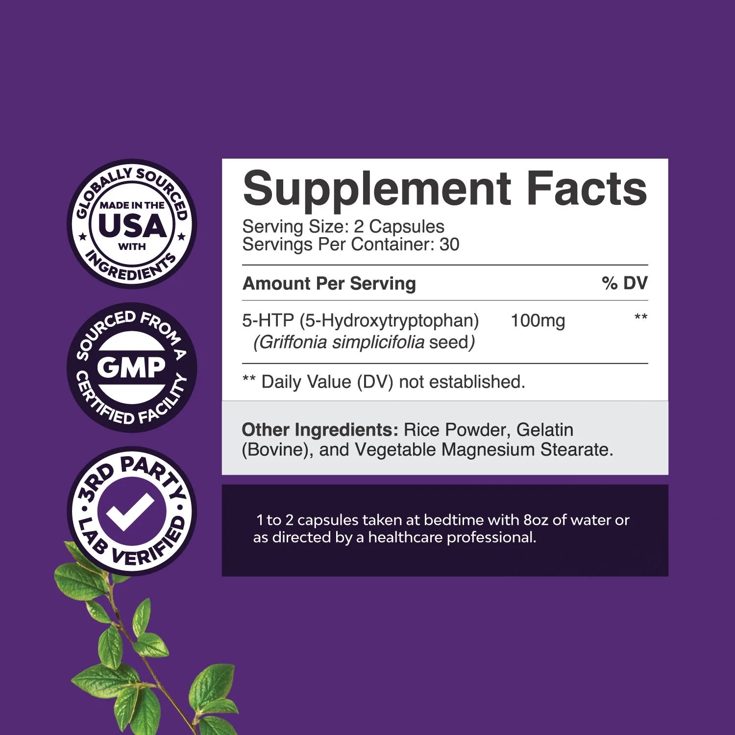 5 HTP Supplement 5-Hydroxytryptophan - 5HTP 100Mg per Serving Gentle Herbal Sleep Supplement and Mood Enhancer - 5-HTP Mood Support Supplement and Sleep Support Capsules from Griffonia Simplicifolia