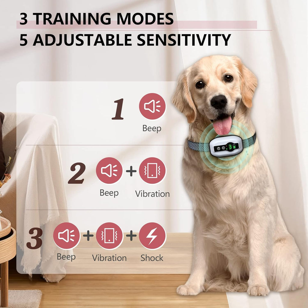 Dog Bark Collar, Anti-Barking Pet Training Collar, Waterproof E-Bark Shock Collar for Large Medium Small Dogs, Rechargeable Barking Collar with Beep Vibration Shock, 5 Adjustable Sensitivity (White)