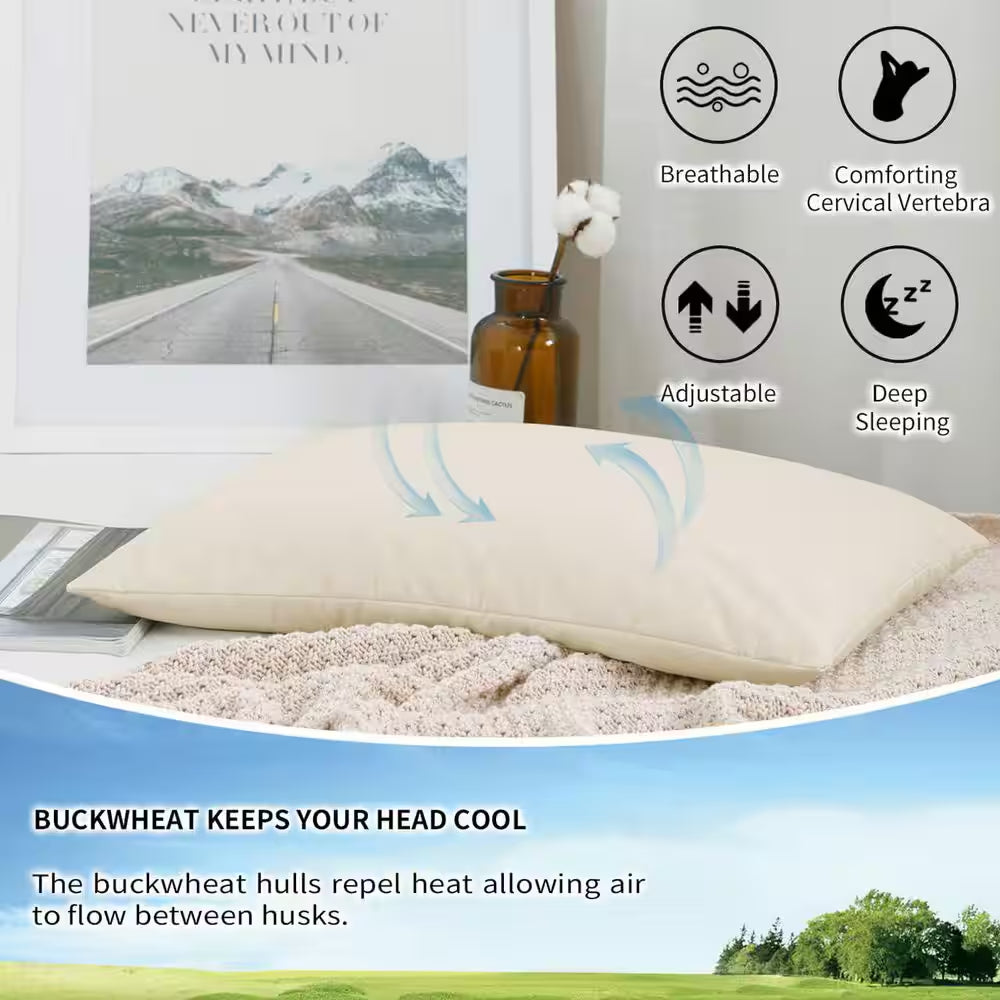14 In. X 20 In. Organic Buckwheat Pillow, Adjustable Loft, Breathable for Cool Sleep, Cervical Support