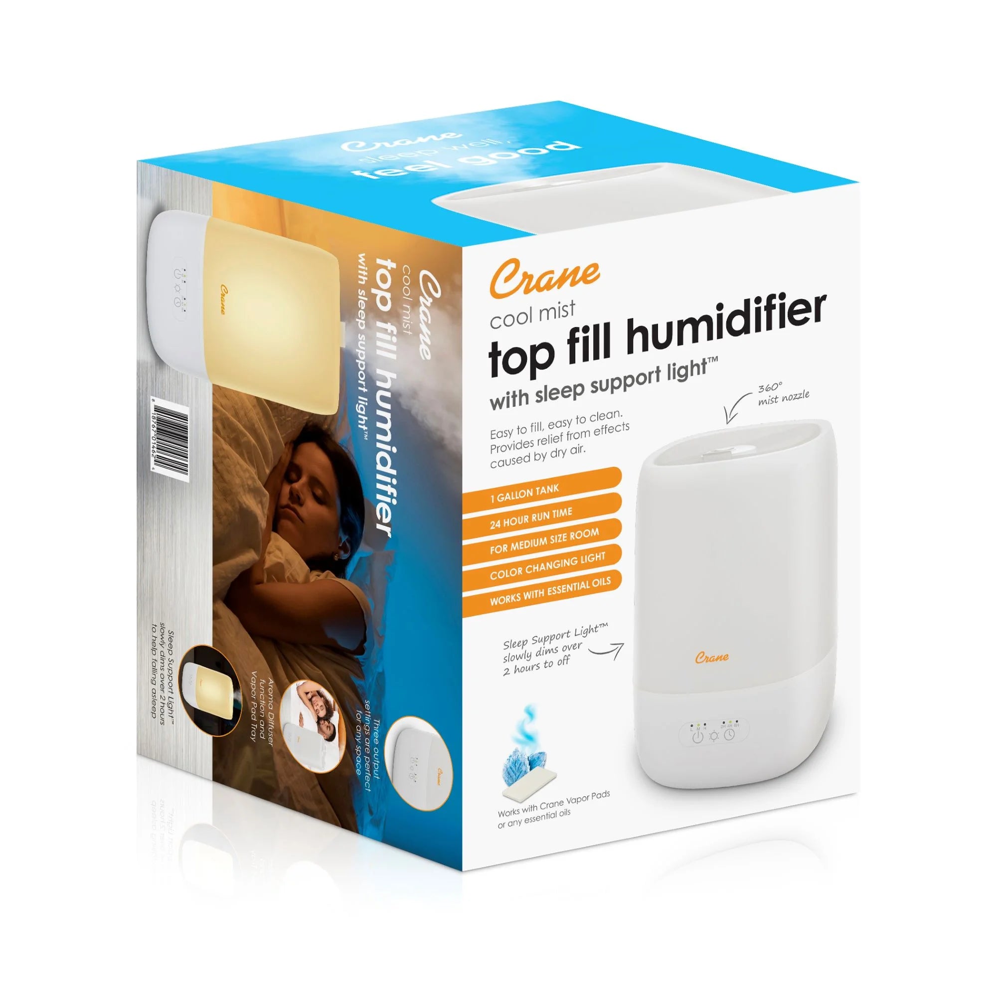 Top Fill Cool Mist Humidifier - 1 Gallon with Sleep Support Light & Essential Oil Tray