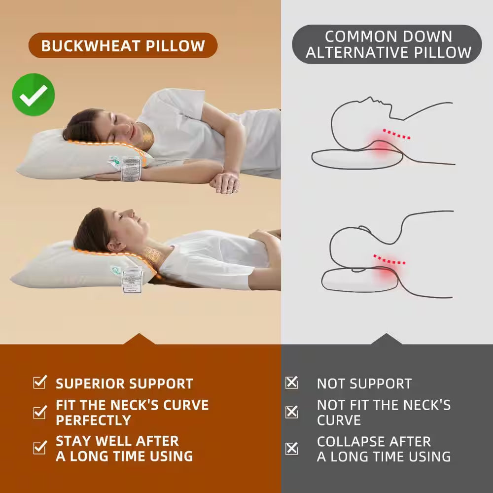 14 In. X 20 In. Organic Buckwheat Pillow, Adjustable Loft, Breathable for Cool Sleep, Cervical Support