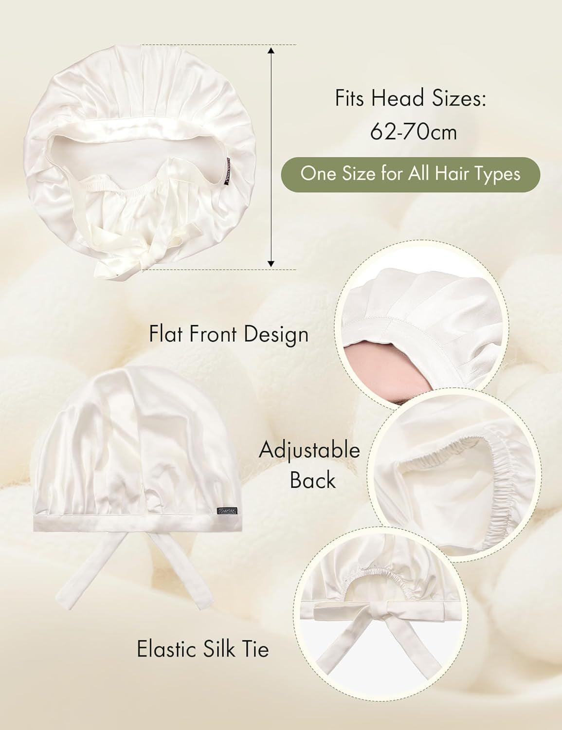 100% Mulberry Silk Bonnet, 19 Momme Silk Night Sleep Cap Adjustable Hair Wrap for Sleeping, Ivory