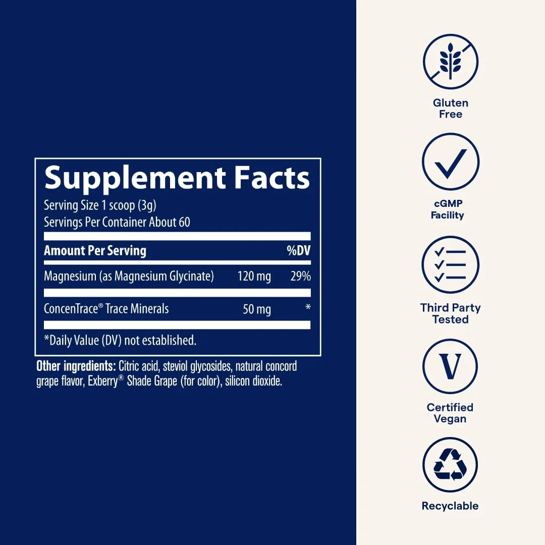 Minerals Magnesium Glycinate Powder - Daily Magnesium Powder for Sleep Support - Calming Bedtime Drink - Natural & Gentle - Grape - 180G (60 Servings)