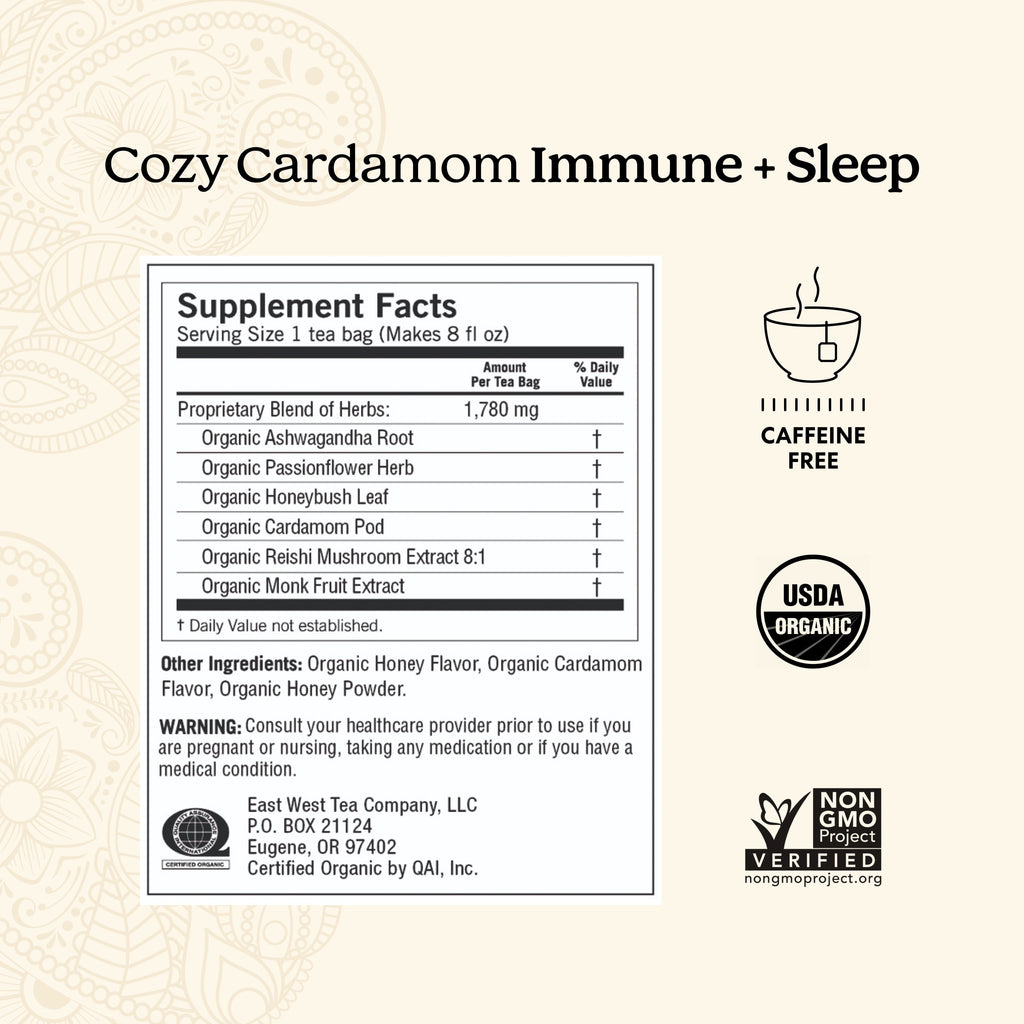 Tea Cozy Cardamom Immune plus Sleep, Herbal Tea Bags, 16 Count