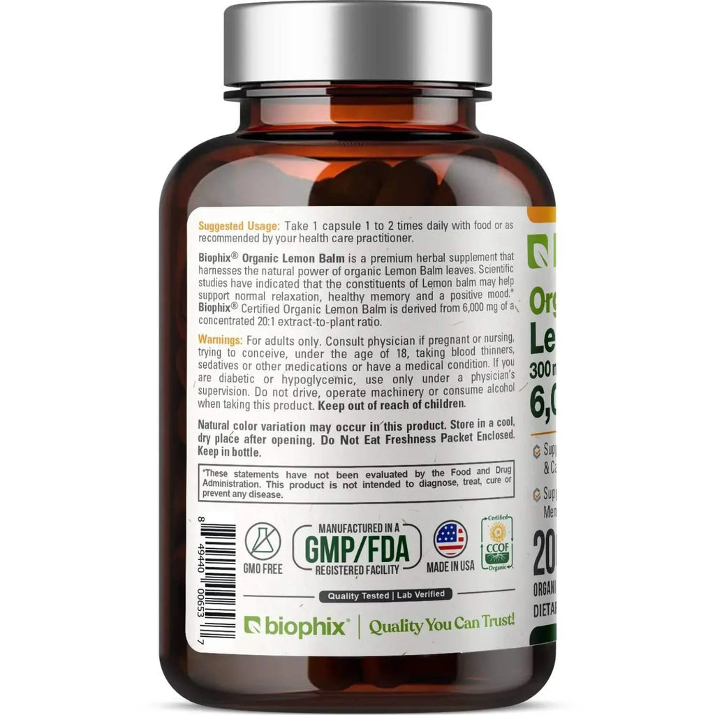 Lemon Balm Organic 20:1 Extract 300Mg 200 Veggie Caps - Stress, Mood & Sleep Support