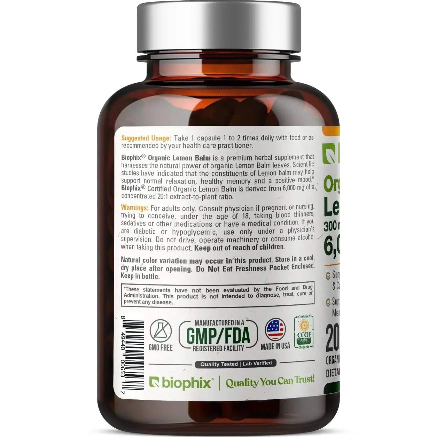 Lemon Balm Organic 20:1 Extract 300Mg 200 Veggie Caps - Stress, Mood & Sleep Support