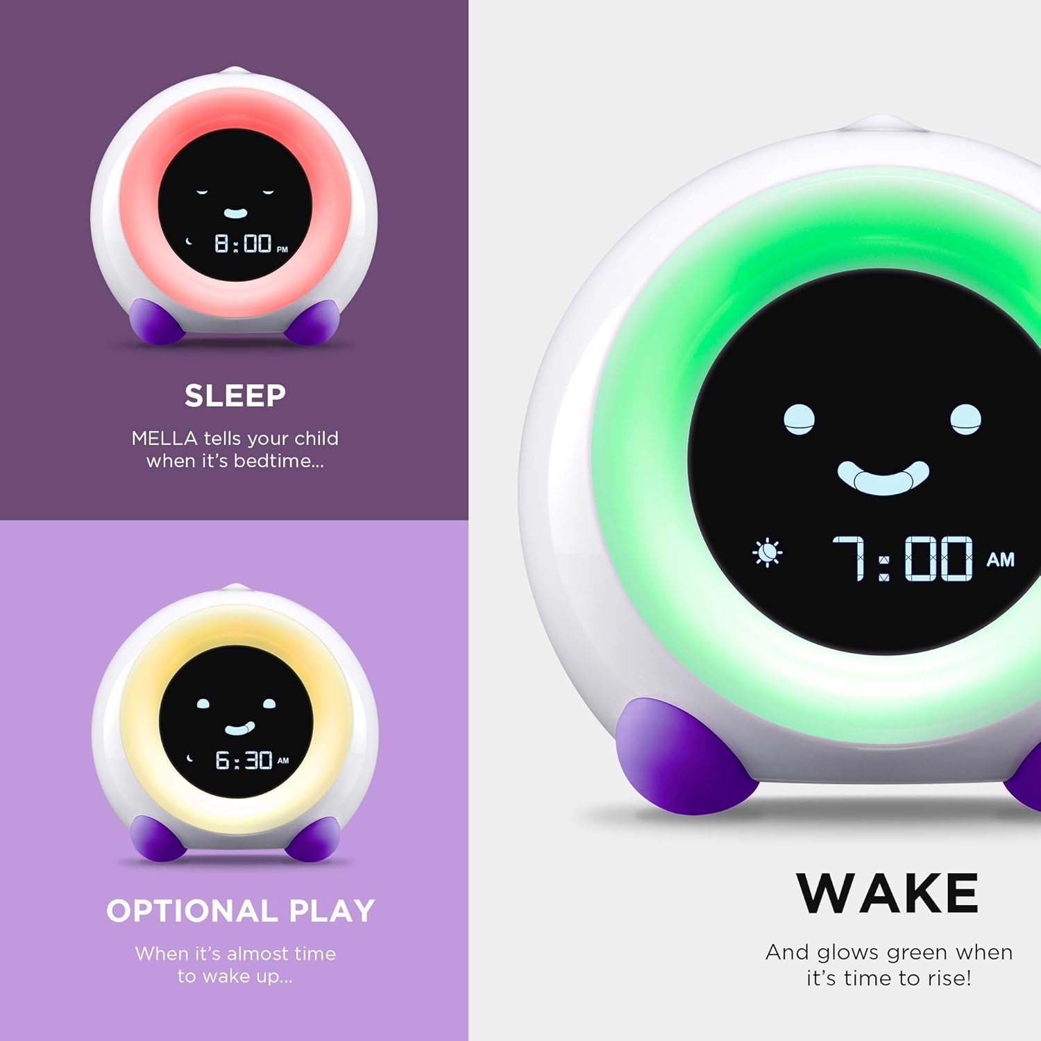 Mella: Kids Alarm Clock, Ready to Rise Children'S Sleep Trainer, Night Light, Sound Machine and OK to Wake for Toddlers and Kids - Bright Purple (Updated 2025)