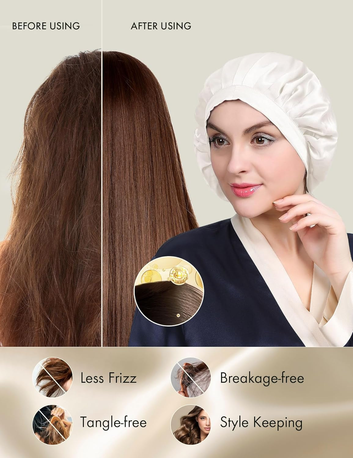100% Mulberry Silk Bonnet, 19 Momme Silk Night Sleep Cap Adjustable Hair Wrap for Sleeping, Ivory