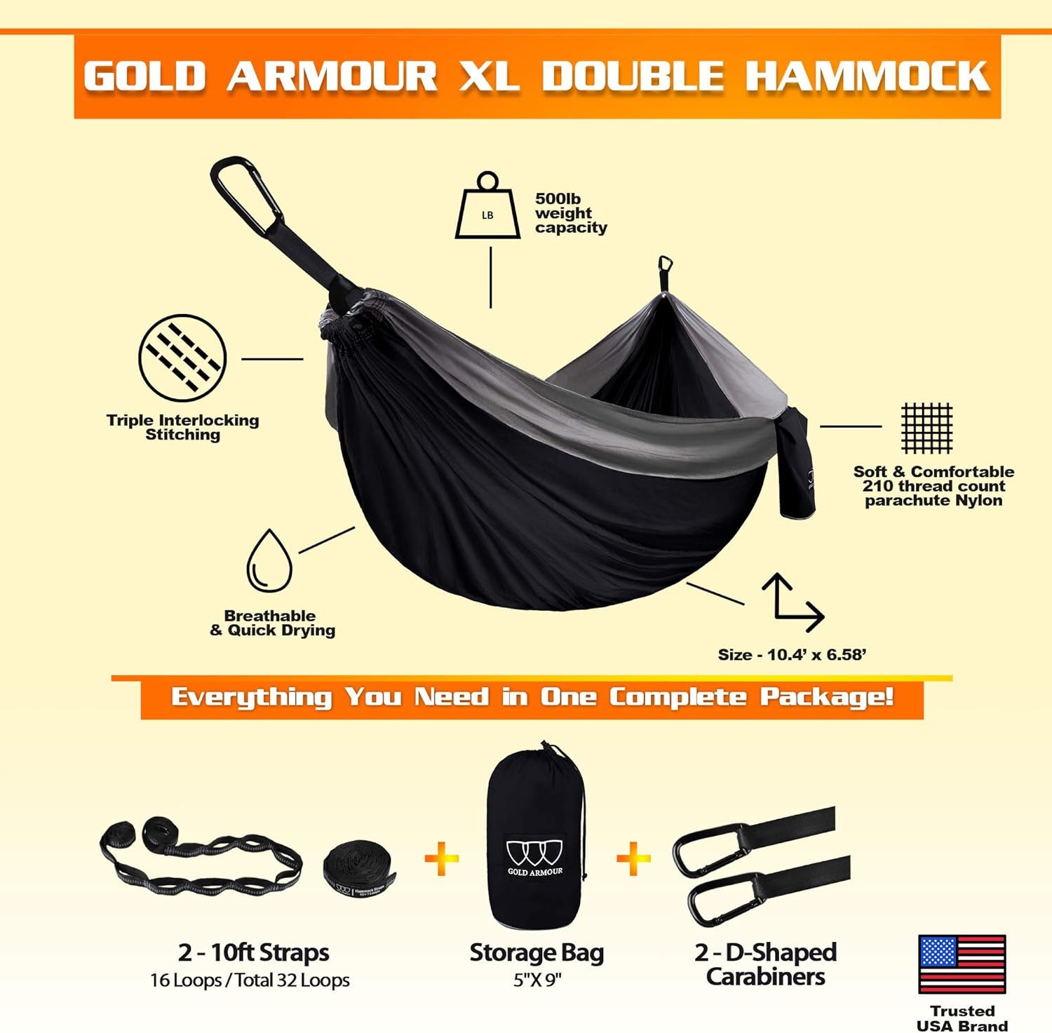XL Double Camping Hammock - Portable Outdoor and Indoor Accessory with Tree Straps, USA Brand (Black and Gray)