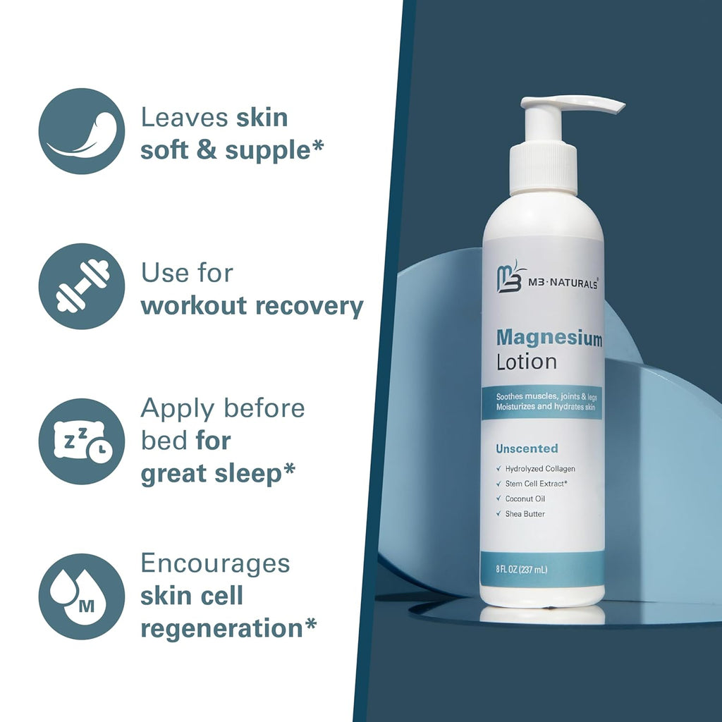 Unscented Magnesium Lotion for Sleep & Leg Cramps, Suitable for Sensitive Skin, Helps with Muscle Relaxation, Soothes Tired Legs & Foot Aches and Supports Restful Nights, 8 Fl Oz