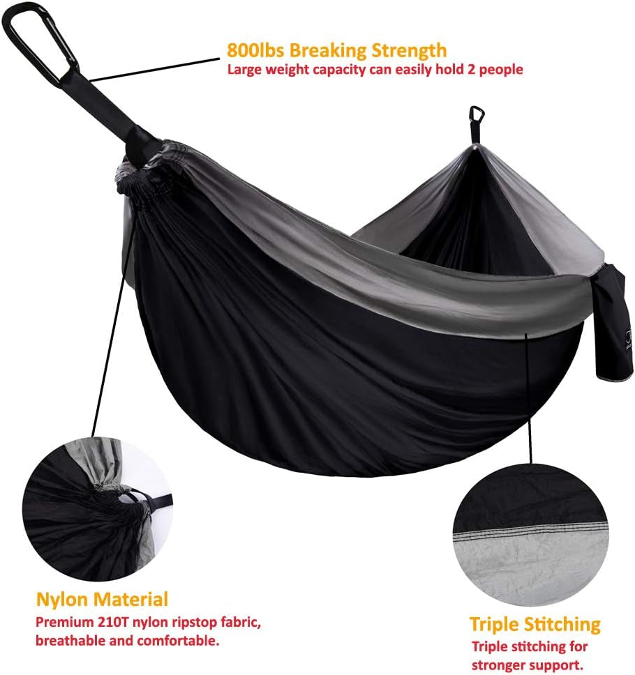 XL Double Camping Hammock - Portable Outdoor and Indoor Accessory with Tree Straps, USA Brand (Black and Gray)