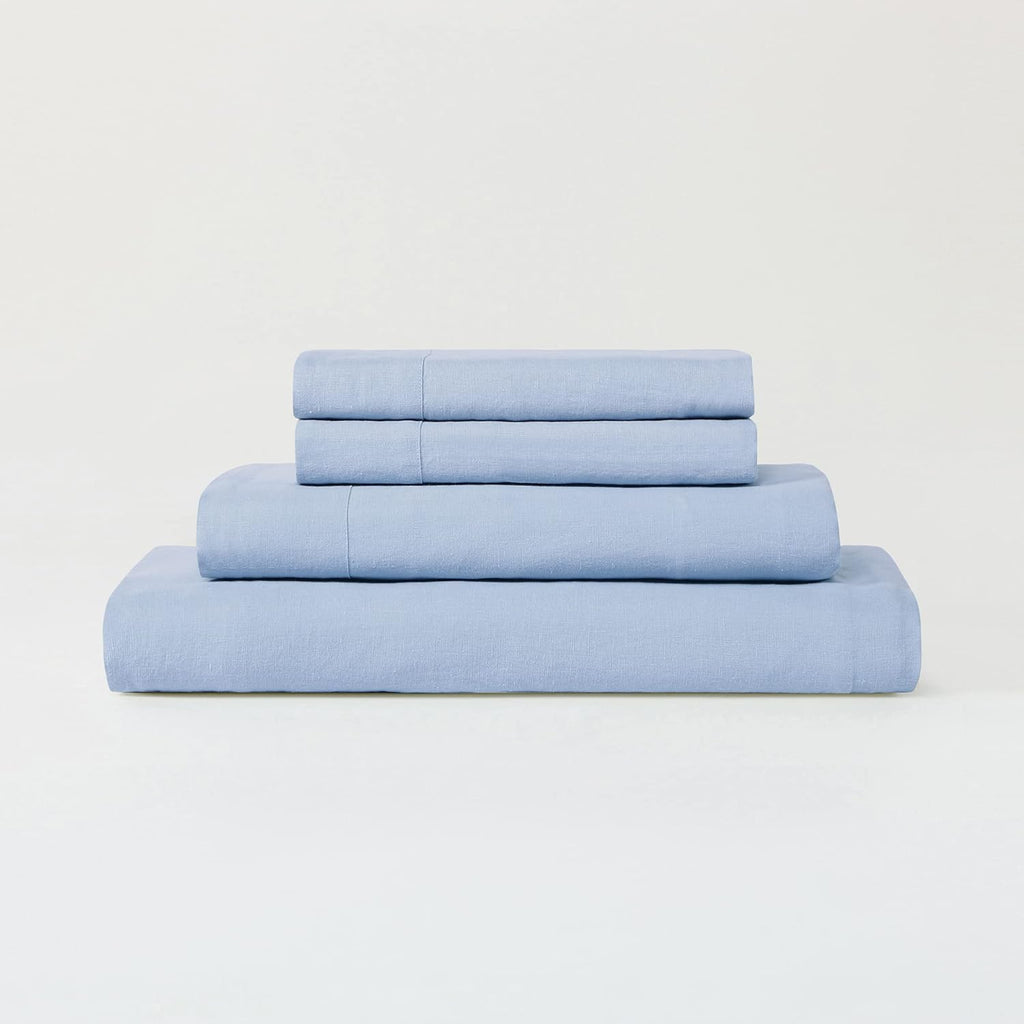 Stone Washed Organic French Linen Bed Sheet Set, GOTS Certified Organic, Best Cooling Linen Sheet Award by Sleep Foundation, 1 Flat Sheet Only (Sky, Full/Queen)