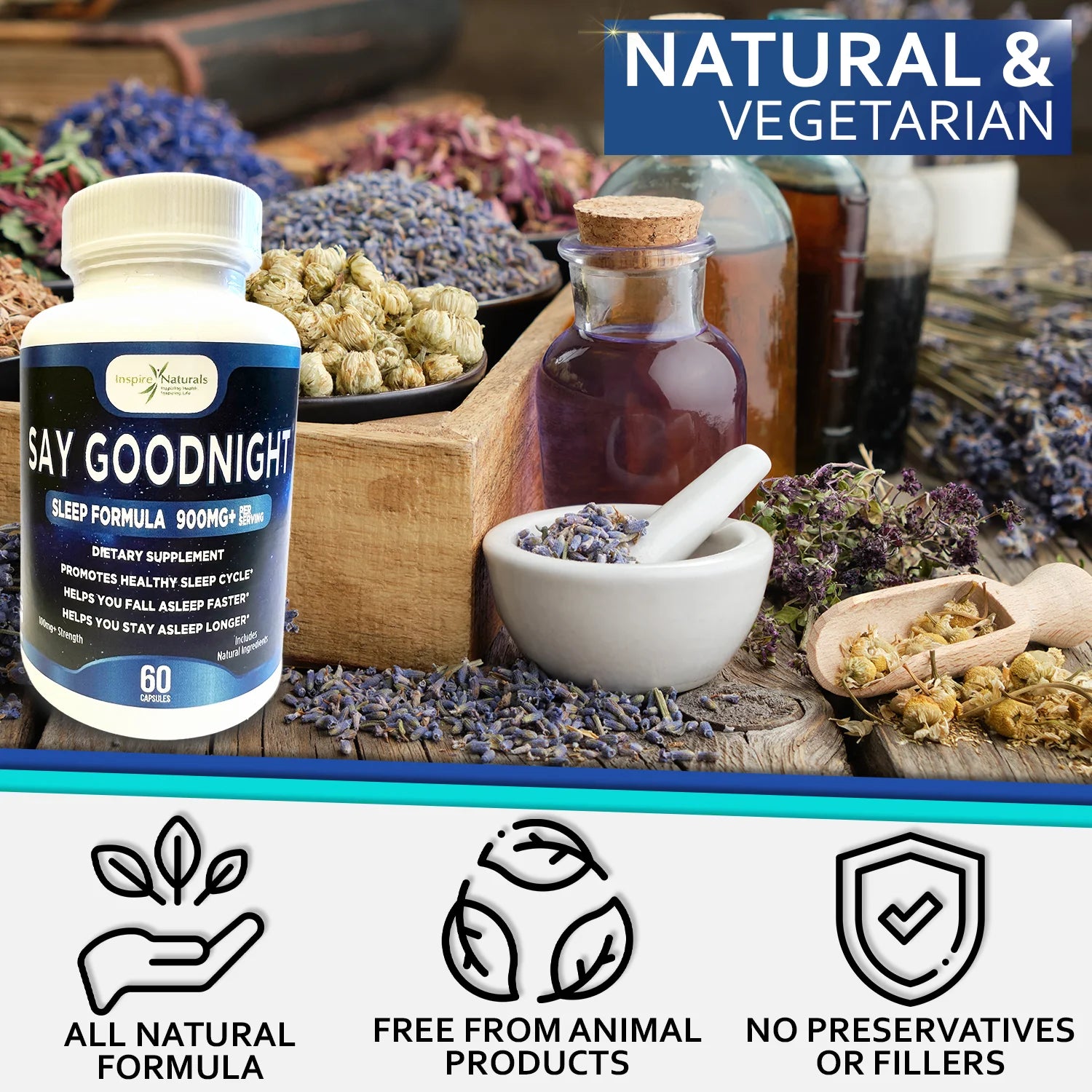 Say Goodnight Sleep Formula ~ Fall Asleep & Stay Asleep 60 Capsules, Calming & Relaxation Herbs,