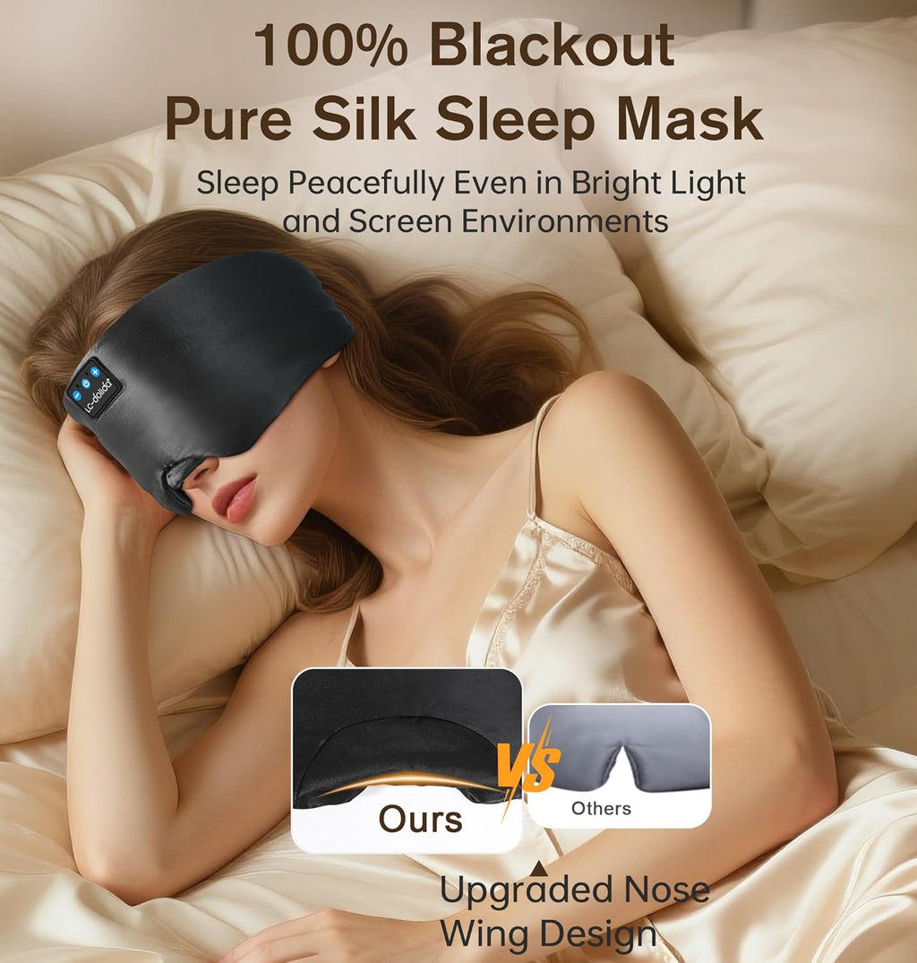 Luxurious Silk Soft Sleep Mask, Sleep Headphones with Bluetooth 5.4 for Side Sleeper, Total Blackout Eye Sleeping Mask for Women and Men, Ideal Gift for Restful Sleep, Travel(Black)