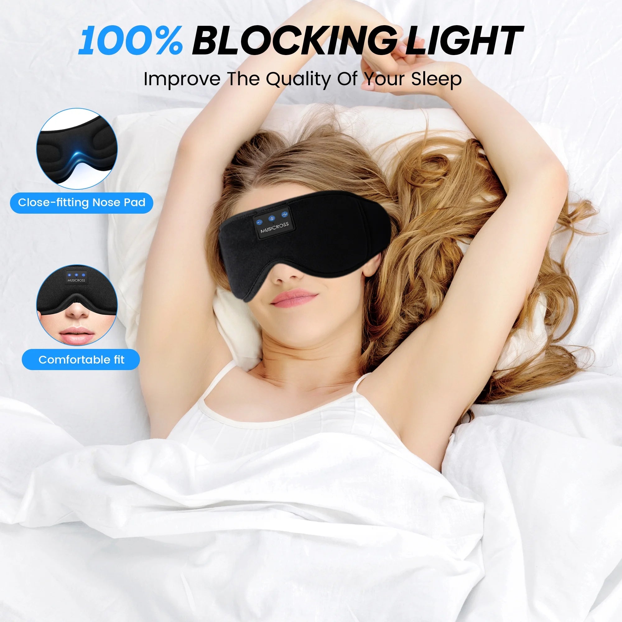 Bluetooth Sleep Mask with Headphones Bluetooth 5.2 Wireless, 3D Eye Mask for Sleeping Built-In HD Music, Microphone for Calls, Sleep Headphones for Side Sleepers Travel Yoga Meditation