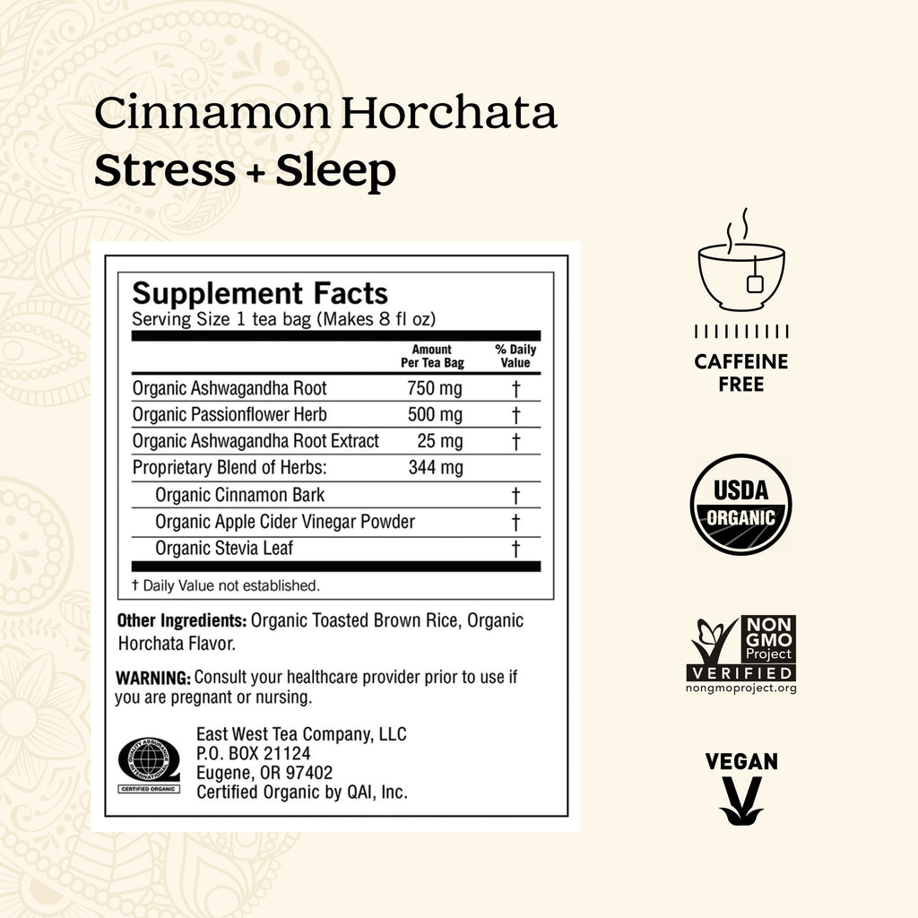 Tea, Cinnamon Horchata Stress + Sleep, Herbal Tea, Wellness Tea Bags, 4 Boxes of 16