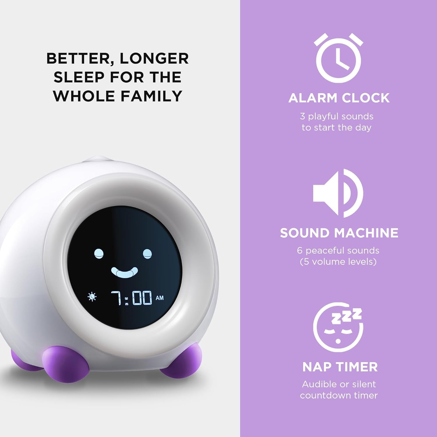 Mella: Kids Alarm Clock, Ready to Rise Children'S Sleep Trainer, Night Light, Sound Machine and OK to Wake for Toddlers and Kids - Bright Purple (Updated 2025)
