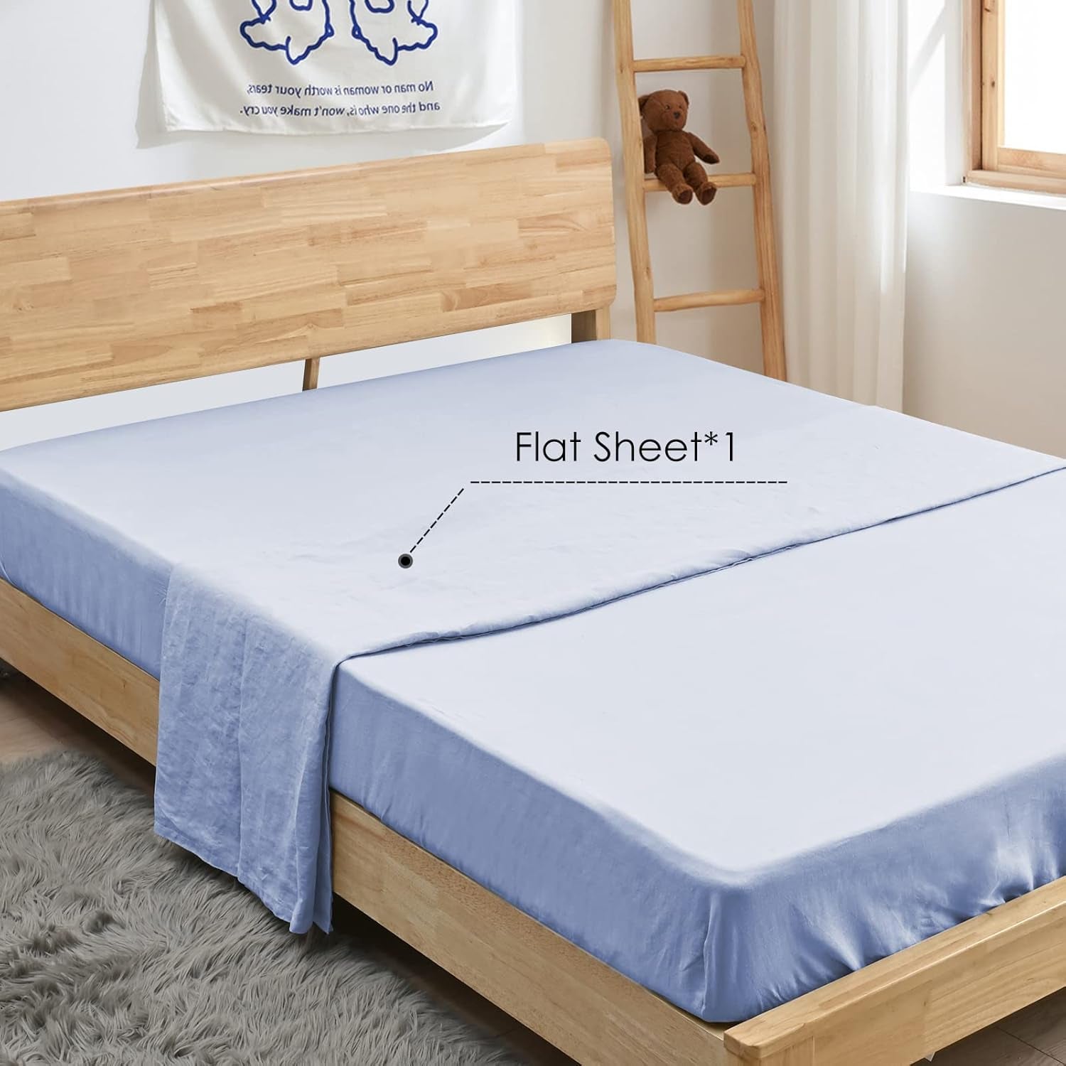 Stone Washed Organic French Linen Bed Sheet Set, GOTS Certified Organic, Best Cooling Linen Sheet Award by Sleep Foundation, 1 Flat Sheet Only (Sky, Full/Queen)