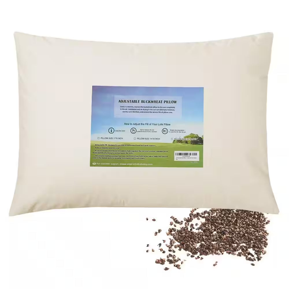 14 In. X 20 In. Organic Buckwheat Pillow, Adjustable Loft, Breathable for Cool Sleep, Cervical Support