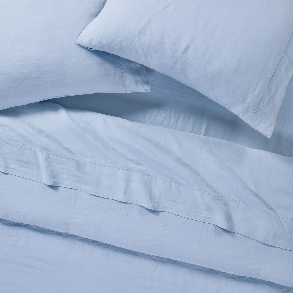 Stone Washed Organic French Linen Bed Sheet Set, GOTS Certified Organic, Best Cooling Linen Sheet Award by Sleep Foundation, 1 Flat Sheet Only (Sky, Full/Queen)