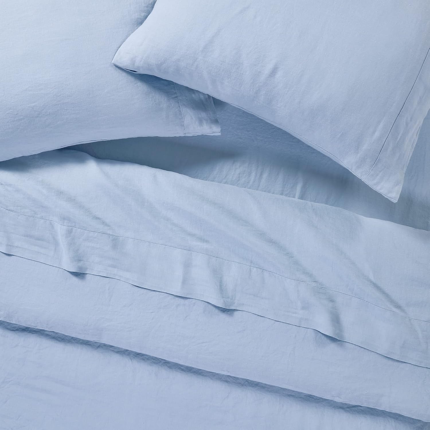 Stone Washed Organic French Linen Bed Sheet Set, GOTS Certified Organic, Best Cooling Linen Sheet Award by Sleep Foundation, 1 Flat Sheet Only (Sky, Full/Queen)