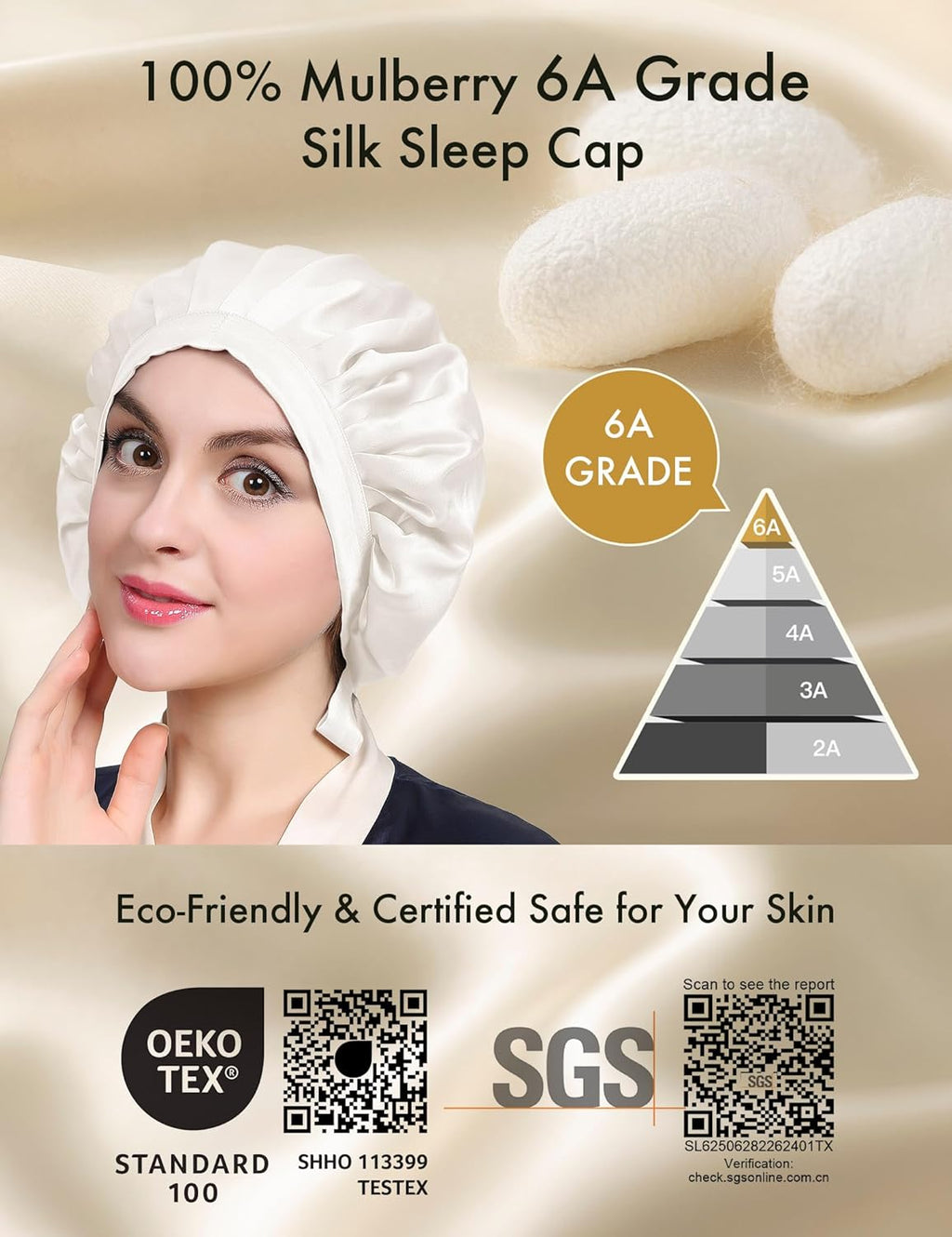 100% Mulberry Silk Bonnet, 19 Momme Silk Night Sleep Cap Adjustable Hair Wrap for Sleeping, Ivory