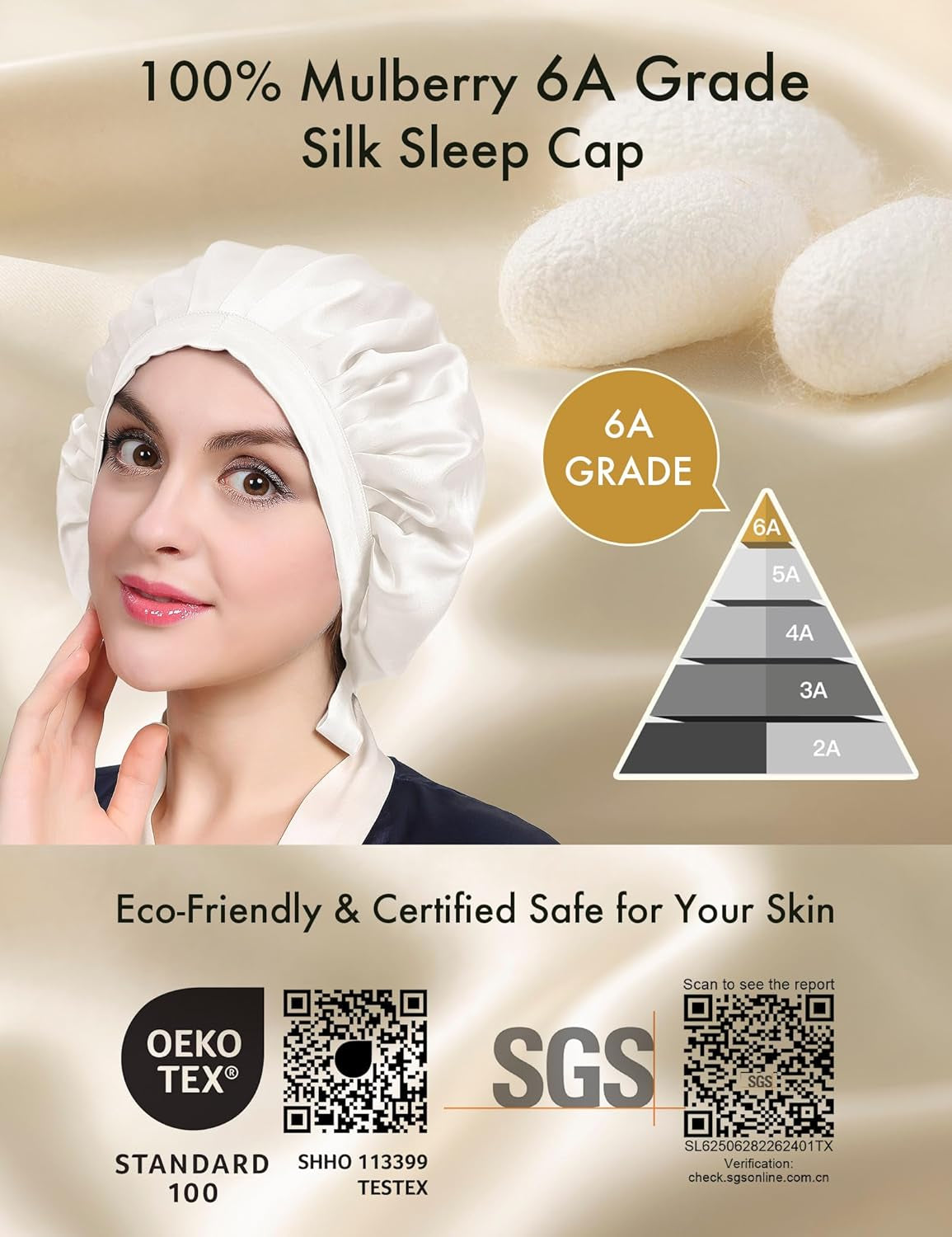 100% Mulberry Silk Bonnet, 19 Momme Silk Night Sleep Cap Adjustable Hair Wrap for Sleeping, Ivory